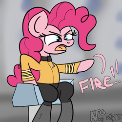 Size: 2000x2000 | Tagged: safe, artist:dafiltafish, imported from derpibooru, pinkie pie, pony, atg 2022, captain pike, chair, clothes, crossover, female, mare, newbie artist training grounds, simple background, solo, star trek, star trek:strange new worlds, text