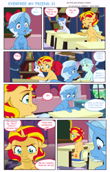 Size: 5789x9050 | Tagged: safe, artist:jeremy3, imported from derpibooru, sunset shimmer, trixie, human, pony, unicorn, comic:everfree, comic:everfree my friend, equestria girls, classroom, comic, female, filly, filly sunset shimmer, filly trixie, foal, open mouth, ribbon, speech bubble, upset, younger