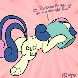 Size: 2000x2000 | Tagged: safe, artist:dafiltafish, imported from derpibooru, bon bon, sweetie drops, earth pony, pony, atg 2022, bon bon is not amused, butt, dock, female, mare, newbie artist training grounds, pillow, plot, simple background, solo, tail, text, unamused, underhoof