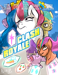 Size: 3500x4500 | Tagged: safe, alternate version, artist:azulejo, imported from derpibooru, hitch trailblazer, izzy moonbow, pipp petals, sunny starscout, zipp storm, earth pony, pegasus, pony, unicorn, clash royale, clothes, cosplay, costume, cover, crown, female, g5, jewelry, looking at you, looking up, mane five (g5), regalia, text
