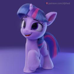 Size: 4096x4096 | Tagged: safe, artist:therealdjthed, imported from derpibooru, twilight sparkle, pony, unicorn, 3d, absurd resolution, blender, cute, daaaaaaaaaaaw, eyebrows, female, filly, filly twilight sparkle, foal, g4, happy, hnnng, open mouth, open smile, raised hoof, signature, smiling, solo, twiabetes, unicorn twilight, weapons-grade cute, younger