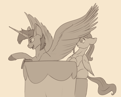 Size: 2000x1600 | Tagged: safe, artist:tenebrisnoctus, imported from derpibooru, fluttershy, twilight sparkle, alicorn, pegasus, pony, atg 2022, beige background, duo, female, mare, monochrome, newbie artist training grounds, pointing, sepia, simple background, sitting, spread wings, trivia trot, twilight sparkle (alicorn), wings