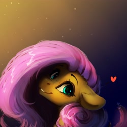 Size: 4000x4000 | Tagged: safe, artist:miokomata, imported from derpibooru, fluttershy, pegasus, pony, absurd resolution, bust, female, floating heart, floppy ears, freckles, freckleshy, gradient background, grin, heart, looking at you, mare, smiling, smiling at you, solo