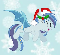 Size: 1731x1578 | Tagged: safe, artist:owlity, imported from derpibooru, oc, oc only, oc:star struck, bat pony, pony, christmas, cute, eyes closed, fangs, female, flying, hat, holiday, open mouth, open smile, santa hat, smiling, solo, spread wings, wings