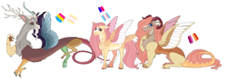 Size: 6000x2100 | Tagged: safe, artist:uunicornicc, imported from derpibooru, discord, fluttershy, oc, oc:iris, draconequus, hybrid, pony, colored wings, interspecies offspring, multicolored wings, offspring, parent:discord, parent:fluttershy, parents:discoshy, simple background, story included, white background, wings