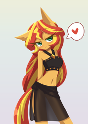 Size: 1000x1407 | Tagged: safe, artist:howxu, imported from derpibooru, part of a set, sunset shimmer, anthro, equestria girls, arm behind back, bare shoulders, belly button, big head, blushing, breasts, clothes, female, gradient background, looking at you, reasonably sized breasts, seduction, sleeveless, solo, speech bubble, spoken heart, swimsuit