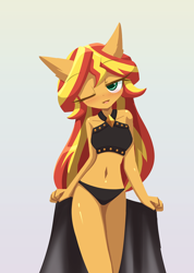 Size: 1000x1407 | Tagged: safe, artist:howxu, imported from derpibooru, part of a set, sunset shimmer, anthro, equestria girls, arm behind back, bare shoulders, belly button, big head, blushing, breasts, clothes, female, gradient background, looking at you, one eye closed, open mouth, reasonably sized breasts, seduction, sleeveless, solo, speech bubble, stripping, swimsuit