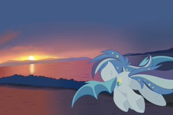 Size: 1395x932 | Tagged: safe, artist:owlity, imported from derpibooru, oc, oc only, oc:star struck, bat pony, pony, female, flying, ocean, rear view, solo, sunset, water