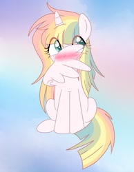 Size: 975x1255 | Tagged: safe, artist:owlity, imported from derpibooru, oc, oc only, oc:sweet dreams, alicorn, pony, alicorn oc, blushing, female, hiding behind wing, horn, looking away, simple background, solo, wings