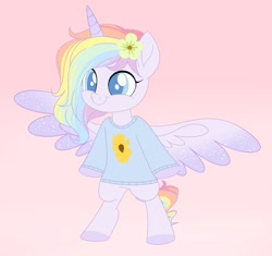 Size: 849x797 | Tagged: safe, artist:owlity, imported from derpibooru, oc, oc only, oc:flower power, alicorn, pony, alicorn oc, bipedal, clothes, female, flower, flower in hair, horn, simple background, smiling, solo, spread wings, sweater, wings