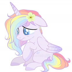 Size: 1649x1656 | Tagged: safe, artist:owlity, imported from derpibooru, oc, oc only, oc:flower power, alicorn, pony, alicorn oc, crying, female, flower, flower in hair, horn, looking down, raised hoof, simple background, sitting, solo, white background, wings