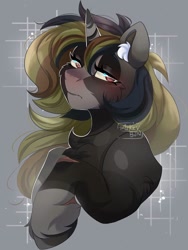 Size: 768x1024 | Tagged: safe, artist:mikkybun, imported from derpibooru, oc, oc only, pony, unicorn, bust, chest fluff, commission, ear fluff, female, gray background, lidded eyes, mare, signature, simple background, solo, unshorn fetlocks