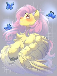 Size: 1500x2000 | Tagged: safe, artist:mikkybun, imported from derpibooru, fluttershy, butterfly, pegasus, pony, blushing, bust, chest fluff, cloven hooves, female, looking up, mare, profile, signature, solo, unshorn fetlocks