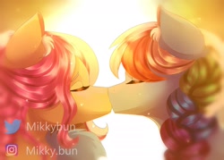 Size: 1750x1250 | Tagged: safe, artist:mikkybun, imported from derpibooru, fluttershy, rainbow dash, pegasus, pony, alternate hairstyle, braid, bust, commission, duo, eyes closed, female, flutterdash, lesbian, mare, shipping, signature