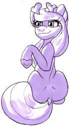 Size: 660x1206 | Tagged: safe, artist:velnyx, imported from derpibooru, oc, oc only, oc:terra allera, earth pony, pony, antlers, butt, female, mare, monochrome, plot, simple background, solo, white background