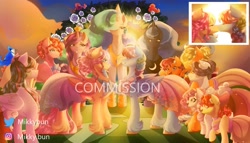 Size: 1750x1000 | Tagged: safe, artist:mikkybun, imported from derpibooru, apple bloom, applejack, fluttershy, pinkie pie, princess cadance, princess celestia, princess luna, rainbow dash, rarity, scootaloo, sweetie belle, twilight sparkle, alicorn, bird, blue jay, earth pony, pegasus, pony, unicorn, alicorn tetrarchy, alternate hairstyle, braid, bridesmaid, clothes, commission, cutie mark crusaders, dress, female, flower girl, flutterdash, hair bun, kissing, lesbian, mane six, marriage, obtrusive watermark, shipping, signature, twilight sparkle (alicorn), watermark, wedding, wedding dress