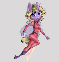 Size: 1000x1050 | Tagged: safe, artist:hollybright, imported from derpibooru, oc, oc only, anthro, unicorn, clothes, determined, female, flying, jetpack, jumpsuit, simple background, solo