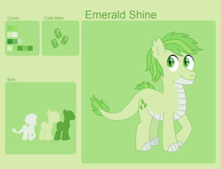 Size: 1280x980 | Tagged: safe, artist:miss-barker, imported from derpibooru, oc, oc only, oc:emerald shine, dracony, hybrid, colt, foal, interspecies offspring, male, offspring, parent:rarity, parent:spike, parents:sparity, reference sheet, solo