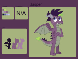 Size: 1280x980 | Tagged: safe, artist:miss-barker, imported from derpibooru, oc, oc only, oc:jasper, dragon, crossed arms, male, offspring, parent:spike, parent:unnamed oc, parents:canon x oc, reference sheet, solo