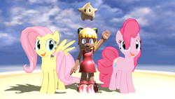 Size: 1280x720 | Tagged: safe, artist:kasden95, imported from derpibooru, fluttershy, pinkie pie, pegasus, pony, robot, 3d, baby luma, crossover, female, gynoid, looking at you, luma, mare, mega man (series), roll (mega man), smiling, smiling at you, super mario bros., super mario galaxy, waving at you