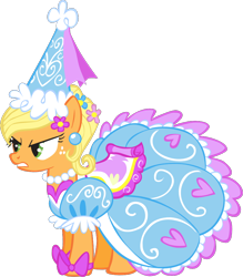 Size: 808x924 | Tagged: safe, imported from derpibooru, applejack, earth pony, pony, look before you sleep, angry, beautiful, bow, clothes, cute, dress, ear piercing, flower, flower in hair, froufrou glittery lacy outfit, glare, gritted teeth, hat, hennin, jackabetes, jewelry, necklace, piercing, pretty, princess, princess applejack, simple background, solo, teeth, transparent background