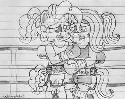 Size: 1280x1013 | Tagged: safe, artist:ct1443ae, imported from derpibooru, fluttershy, pinkie pie, earth pony, pegasus, semi-anthro, boots, boxing, boxing gloves, boxing ring, boxing shorts, clinch, clothes, hug, lined paper, mouth guard, open mouth, pencil drawing, shoes, sports, sports bra, sweat, traditional art