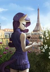 Size: 2300x3253 | Tagged: safe, artist:fidzfox, imported from derpibooru, rarity, anthro, unicorn, alcohol, beret, clothes, dress, eiffel tower, flower, france, glass, hat, lidded eyes, paris, smiling, solo, sunglasses, turtleneck, wine, wine glass