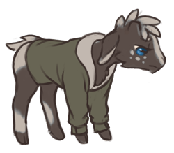 Size: 1024x896 | Tagged: safe, artist:multiverseequine, derpibooru exclusive, imported from derpibooru, oc, oc only, oc:casimir, goat, pony, annoyed, blue eyes, clothes, coat, full body, goat oc, horizontal pupils, looking down, male, rectangular pupil, simple background, solo, transparent background, two toned coat