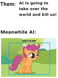 Size: 1664x2222 | Tagged: safe, edit, editor:dematrix-edit, imported from derpibooru, scootaloo, pegasus, pony, lesson zero, ai failure, ai is going to take over the world, exploitable meme, female, filly, foal, meme, open mouth, scootachicken, text