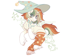 Size: 2400x1890 | Tagged: safe, artist:avroras_world, imported from derpibooru, oc, oc only, pony, unicorn, accessory, bell, bell collar, bow, chest fluff, clothes, collar, commission, ear fluff, eye clipping through hair, eyebrows, female, hat, high res, leg fluff, looking away, mare, multicolored hair, multicolored mane, multicolored tail, short hair, short mane, short tail, simple background, smiling, socks, solo, tail, unshorn fetlocks, white background, witch hat