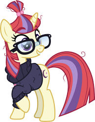 Size: 3000x3866 | Tagged: safe, artist:ambassad0r, artist:cloudy glow, imported from derpibooru, moondancer, pony, unicorn, .ai available, clothes, female, glasses, high res, mare, raised hoof, simple background, solo, sweater, transparent background, vector