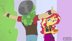 Size: 640x360 | Tagged: safe, imported from derpibooru, screencap, sandalwood, sunset shimmer, human, a fine line, equestria girls, equestria girls series, :o, animated, cellphone, clothes, cutie mark on clothes, duo, female, geode of empathy, gif, gifs.com, jewelry, leather, leather vest, magical geodes, male, necklace, one eye closed, open mouth, phone, slapstick, smartphone, vest