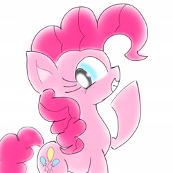 Size: 2048x2048 | Tagged: safe, artist:tiga mega, artist:tiga52080175, imported from derpibooru, pinkie pie, earth pony, pony, female, looking at you, mare, profile, raised hoof, simple background, smiling, smiling at you, solo, white background