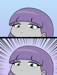 Size: 1668x2224 | Tagged: safe, artist:batipin, imported from derpibooru, maud pie, human, equestria girls, 2 panel comic, adorable distress, angry dog noises, anime, blue background, comic, cute, emotionless, eyelashes, eyeshadow, female, makeup, meme, simple background, solo