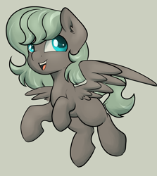 Size: 1560x1752 | Tagged: safe, artist:dumbwoofer, imported from derpibooru, oc, oc:forest air, pegasus, pony, blank flank, ear fluff, female, filly, flying, foal, looking at you, simple background, smiling, solo, spread wings, teeth, wings