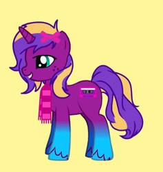 Size: 813x857 | Tagged: safe, imported from derpibooru, oc, oc only, oc:magic remix, pony, unicorn, pony creator, accessory, bow, clothes, cute, female, freckles, g5, gradient hooves, hair bow, happy, horn, mare, scarf, simple background, solo, unicorn oc