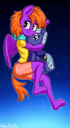 Size: 1576x2880 | Tagged: safe, artist:anibaruthecat, imported from derpibooru, princess luna, oc, oc:burningstar, anthro, pony, canon x oc, clothes, cuddling, cuddling plushie, cute, flying, frost luna, furry, happy, holding a pony, night, plushie, scarf, shirt, shorts, sky, sky background