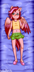 Size: 1172x2500 | Tagged: safe, artist:anibaruthecat, imported from derpibooru, anthro, pegasus, unguligrade anthro, bed, body pillow, body pillow design, clothes, colored wings, explicit source, eyebrows, female, frown, g5, lying down, multicolored wings, on back, on bed, partially open wings, scared, signature, skirt, solo, teeth, windy (g5), wings