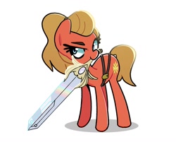 Size: 1384x1114 | Tagged: safe, artist:kindakismet, imported from derpibooru, earth pony, pony, adora, hoof hold, looking at you, she-ra and the princesses of power, simple background, solo, sword, weapon, white background