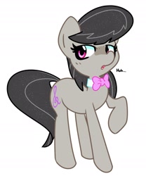 Size: 1998x2403 | Tagged: safe, artist:kindakismet, imported from derpibooru, octavia melody, earth pony, pony, bowtie, female, huh, looking at you, mare, open mouth, raised hoof, simple background, solo, sparkly mane, white background