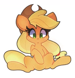 Size: 1707x1763 | Tagged: safe, artist:haichiroo, artist:kindakismet, imported from derpibooru, applejack, earth pony, pony, applejack's hat, cowboy hat, cute, featureless crotch, female, freckles, frown, hat, jackabetes, looking down, mare, simple background, solo, white background