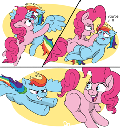 Size: 2406x2566 | Tagged: safe, artist:doodledonutart, imported from derpibooru, pinkie pie, rainbow dash, earth pony, pegasus, pony, boop, chase, comic, grin, looking back, open mouth, open smile, smiling, tag (game), wings