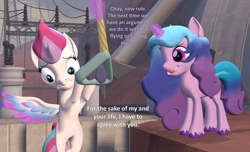 Size: 1776x1080 | Tagged: safe, artist:red4567, imported from derpibooru, izzy moonbow, zipp storm, pegasus, pony, unicorn, 3d, atg 2022, cliff, dialogue, duo, duo female, female, g4, g5, g5 to g4, generation leap, lifting, magic, mare, newbie artist training grounds, rope, source filmmaker