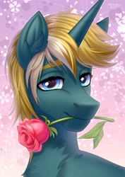 Size: 2480x3507 | Tagged: safe, artist:fenwaru, imported from derpibooru, oc, oc only, oc:wooded bastion, pony, unicorn, flower in mouth, rose, rose in mouth, solo