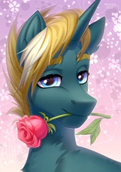 Size: 2480x3507 | Tagged: safe, alternate version, artist:fenwaru, imported from derpibooru, oc, oc only, oc:wooded bastion, pony, flower in mouth, rose, rose in mouth, solo