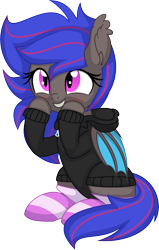 Size: 5113x8057 | Tagged: safe, artist:cyanlightning, imported from derpibooru, oc, oc only, oc:ebony rose, bat pony, pony, bat pony oc, clothes, commission, commissioner:wolfgangrd, ear tufts, eyelashes, grin, hoodie, hooves on cheeks, simple background, sitting, smiling, socks, striped socks, sweater, transparent background