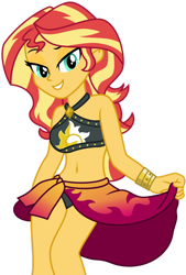 Size: 1024x1514 | Tagged: safe, artist:emeraldblast63, imported from derpibooru, sunset shimmer, human, equestria girls, bare shoulders, bedroom eyes, belly button, bikini, clothes, looking at you, sarong, simple background, sleeveless, smiling, solo, stupid sexy sunset shimmer, summer sunset, sunset shimmer's beach shorts swimsuit, swimsuit, transparent background