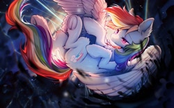 Size: 2048x1271 | Tagged: safe, artist:swaybat, imported from derpibooru, rainbow dash, pegasus, pony, butt, chest fluff, chromatic aberration, ear fluff, eye clipping through hair, eyebrows, eyebrows visible through hair, featured image, female, fluffy, flying, frog (hoof), leg fluff, lidded eyes, mare, on back, partially open wings, plot, solo, underhoof, wings