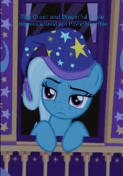 Size: 347x498 | Tagged: safe, edit, edited screencap, imported from derpibooru, screencap, trixie, pony, unicorn, season 6, to where and back again, animated, blinking, clothes, cropped, female, gif, hat, loop, mare, text, tired, trixie's hat
