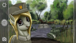 Size: 1280x720 | Tagged: safe, artist:dr-fade, imported from derpibooru, oc, oc:ukraine, pony, camera shot, comments locked down, current events, implied russia, nation ponies, river, sinking, solo, tank (vehicle), ukraine, war, water, z (military symbol)